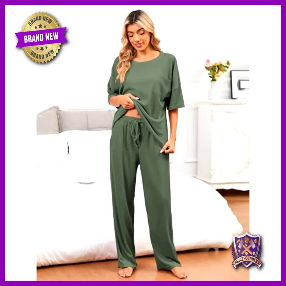 Waffle Knit Pajama Set Short Sleeve Top Long Pants Lounge Sleepwear